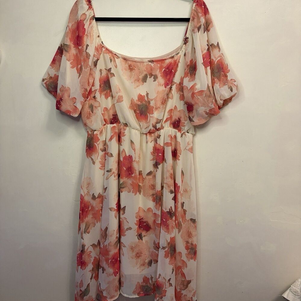 Haptics Womens Peach Floral Chiffon Puff Sleeve Dress Sz 3X On Or 0ff Shoulder